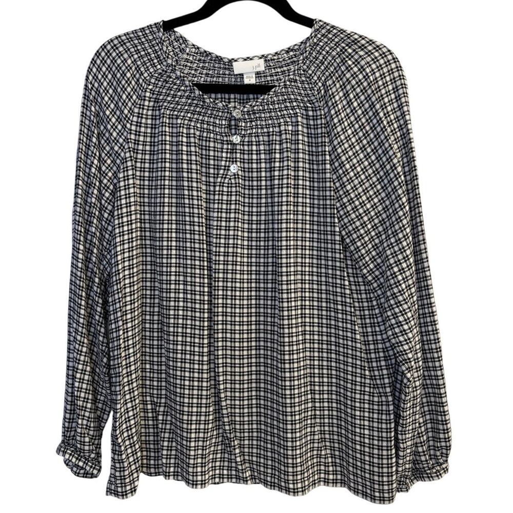 J. Jill Gingham Plaid Smocked Blouse Black White Long Sleeve Button Front Medium